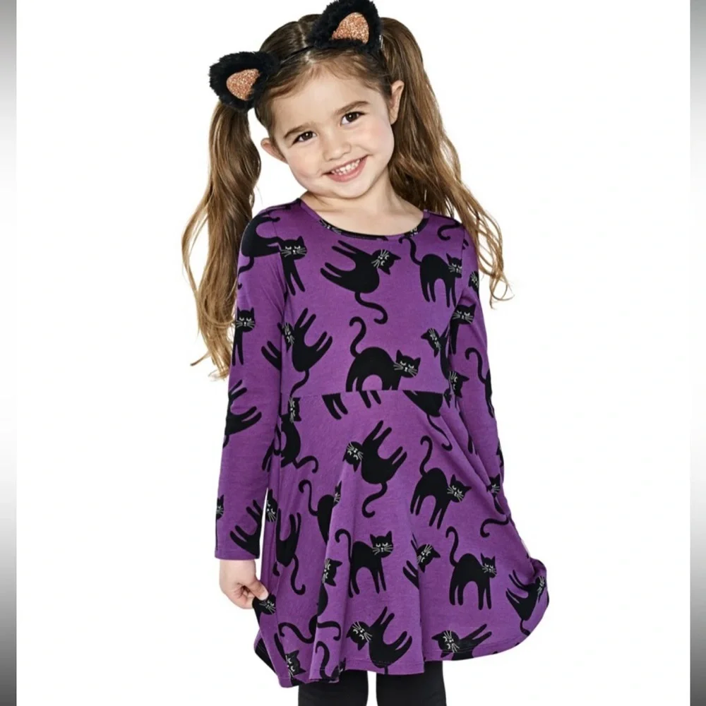 Kids Toddler Girls Halloween Holiday Scary Black Cat Purple Skater Dress Size 5